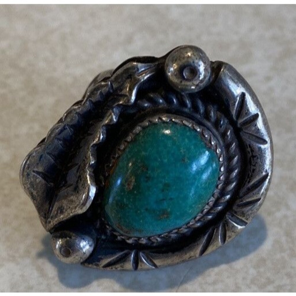 Vintage Navajo Signed Turquoise Sterling Silver Feather Ring Size 5.5 - Picture 4 of 12